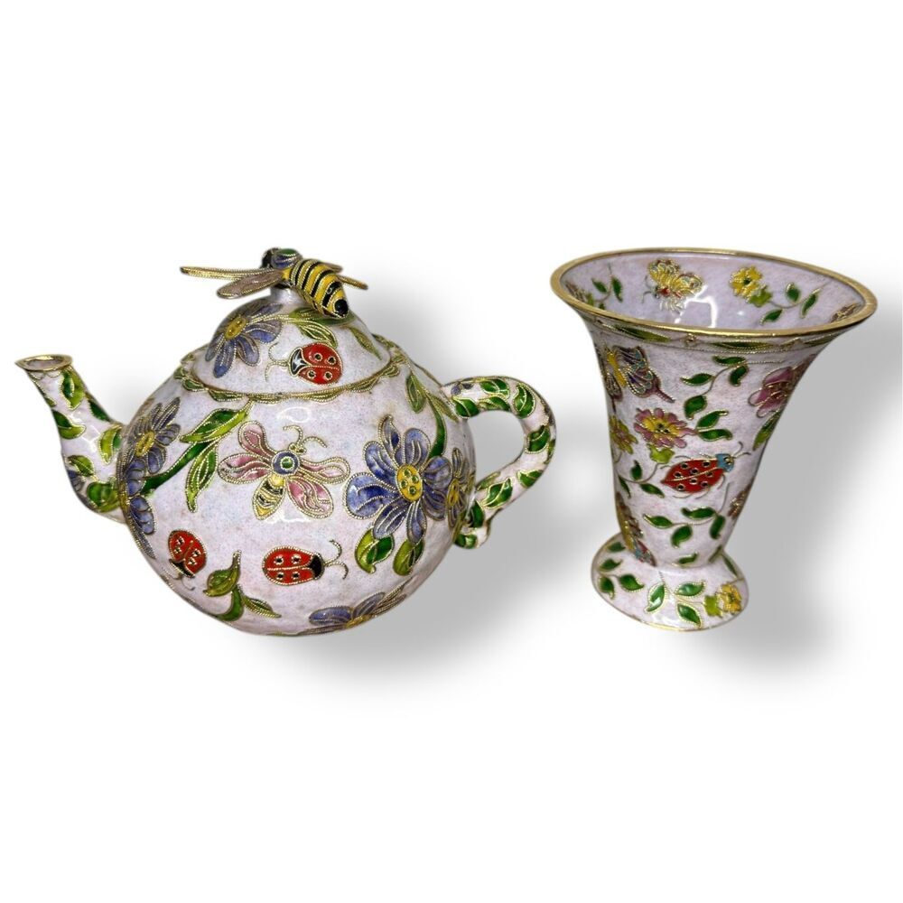 Vintage Cloisonne Enamel Bumblebee Teapot & Vase Decorative Collectibles